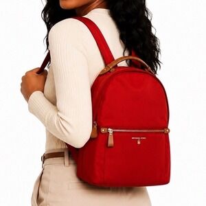 Michael Kors Women Red‎ Nylon Backpack Gold Hardware Tan Leather Trim Bag 16-10